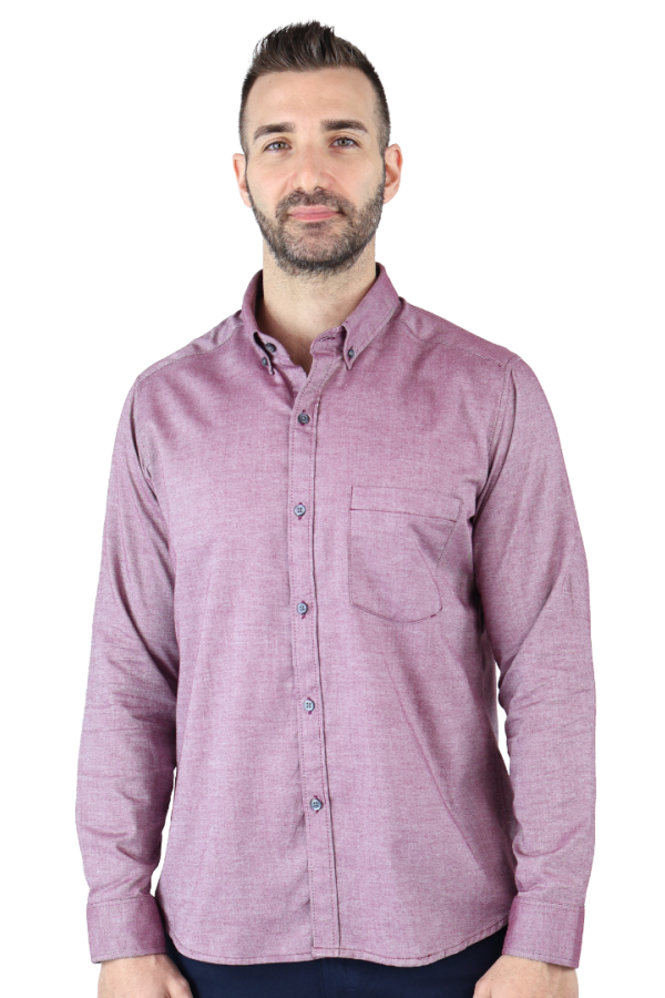 Camisa Cuello Americano Manga Larga Rojo Vino Tela Con Textura Para Hombre